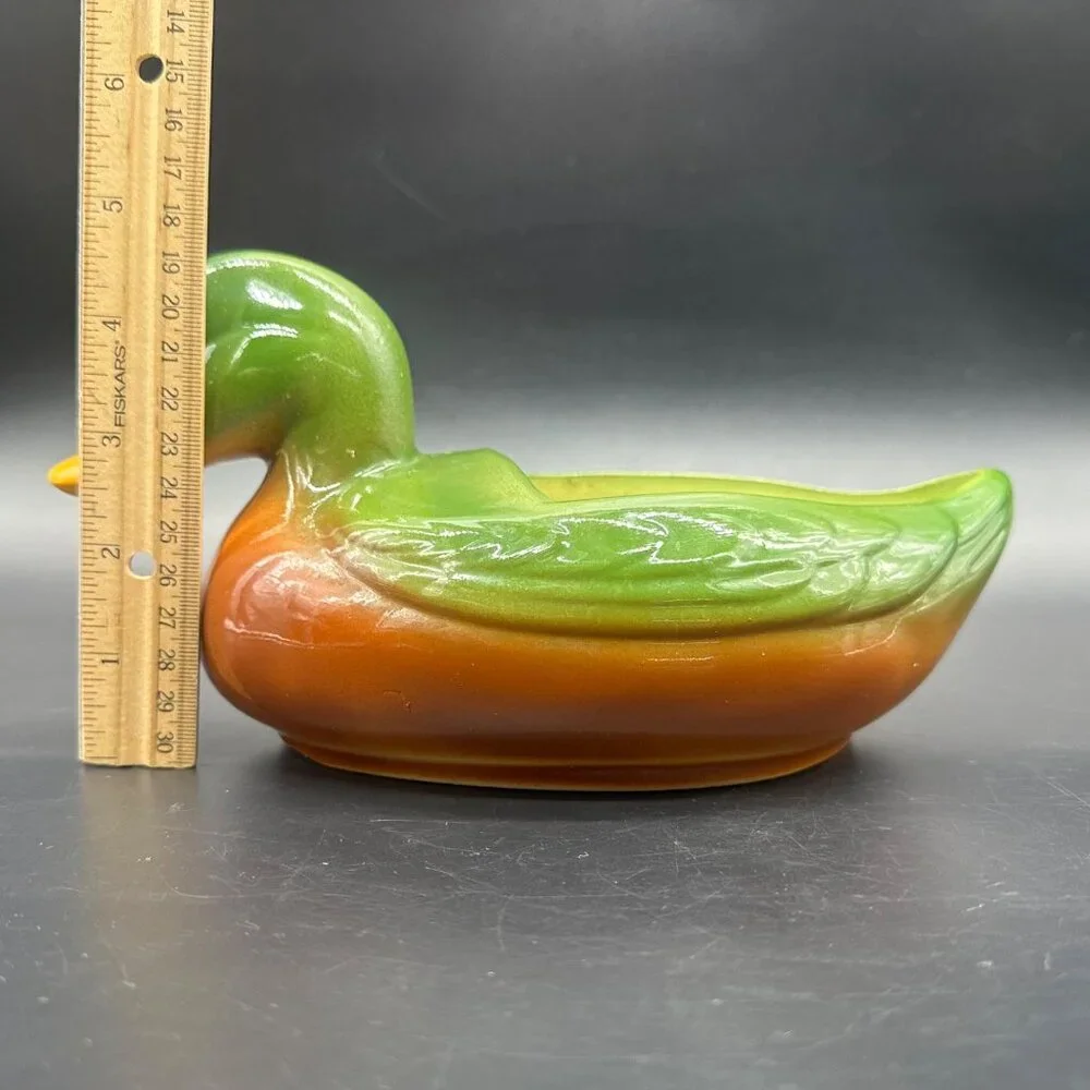 Vintage Duck Planter Catch All Caddy Green Brown Lodge Cabin Decor Ceramic Retro